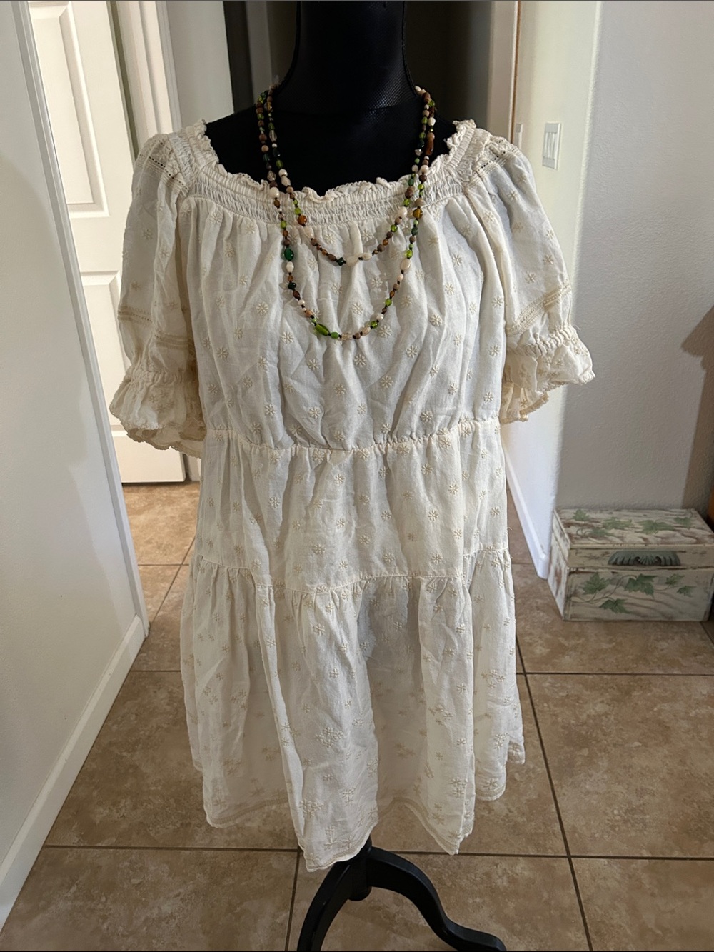 Old Navy Cream Embroidered Tiered Peasant Mini Dress